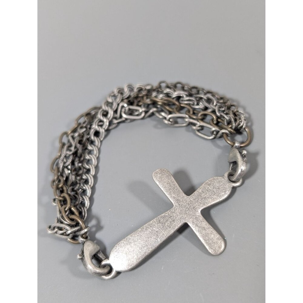 Silver Tone Bronze Tone Multi Chain Cross‎ Bracelet 6.5"